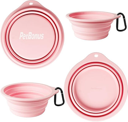 PetBonus 2-Pack Large Silicone Collapsible Dog Bowls, 34oz/1000ml BPA Free Portable Foldable Travel Bowl for Pet Cat, Food Water Feeding Dish for Camping with 2 Carabiners (Grey, Chalk Pink)