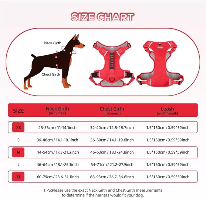 Dog Harness No Pull Adjustable Reflective,for Medium and Large Small Dog with Leash 59.06in (Red, M)