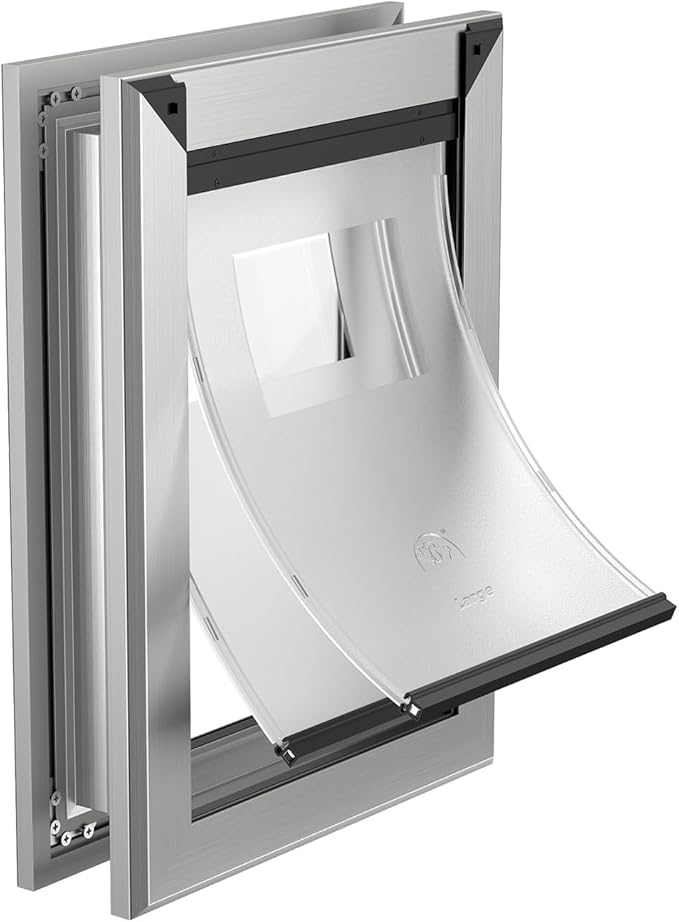 MAVRICFLEX Heavy Duty Dog Door for Large Dogs Up to 100LBS, Aluminum Frame Doggie Door with Double Sliding Panel and 2 Soft Flaps, Easy to Install, Large, Matte Silver