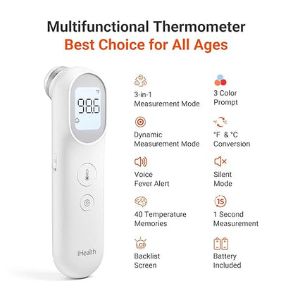 iHealth Infrared Digital Thermometer for Adults and Kids, Baby Thermometer with 3-in-1 Mode & 3-Color Prompt, Fever Alarm & Silent Mode, Forehead & Object Detection, 40 Memory Storages, PT9L, White