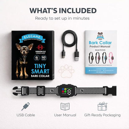 Tiny Bark Collar for Small Dogs 5-15 lbs and Puppies - No Shock Anti Barking Collar - Rechargeable Smart Collar for Dog Training with 7 Sensitivity Levels and 3 Beep&Vibration Modes (Black)
