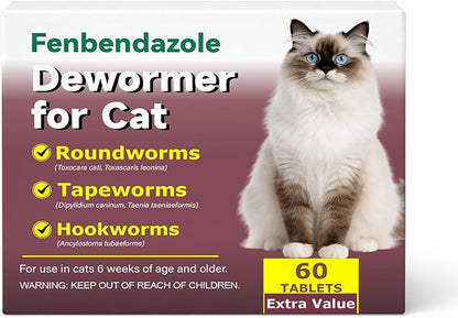 Dewormer for Cats,Cat Wormer Fenbendazole Tablets for Tapeworms, Roundworms & Hookworms,60 Count