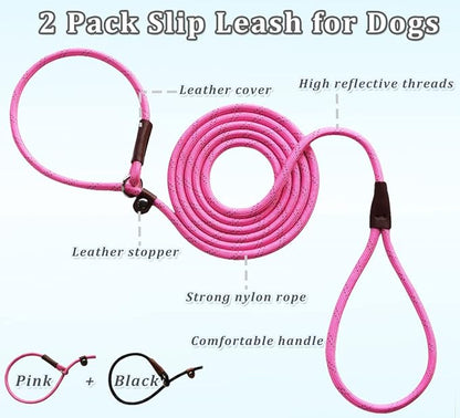 WYUZE 2-Pack 8ft Slip Leads for Dogs No Pull, Reflective Pet Behavior Training Lead, 1/3" Nylon Rope Slip Control Leash for Small Medium Dogs, Black+Pink
