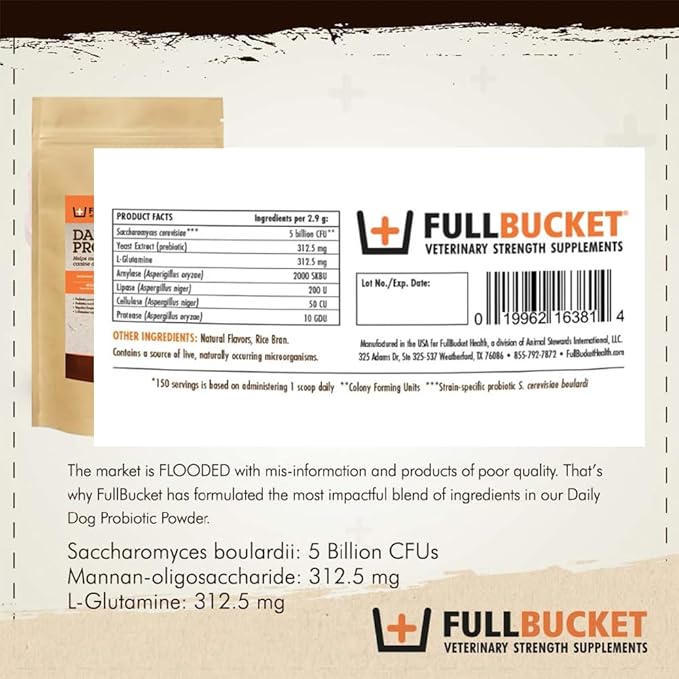 FullBucket Daily Dog Probiotic 150 Servings - Support Natural Digestion, Treat & Prevent Diarrhea - Probiotics, Prebiotics & Digestive Enzymes All in One Tasty Probiotic Powder for Dogs