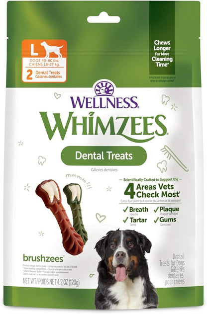 Whimzees Wellness Brushzees Dog Dental Treat, VOHC Accepted Chews, Freshens Breath, Large Size, 4.2 oz Bag, 2 Count