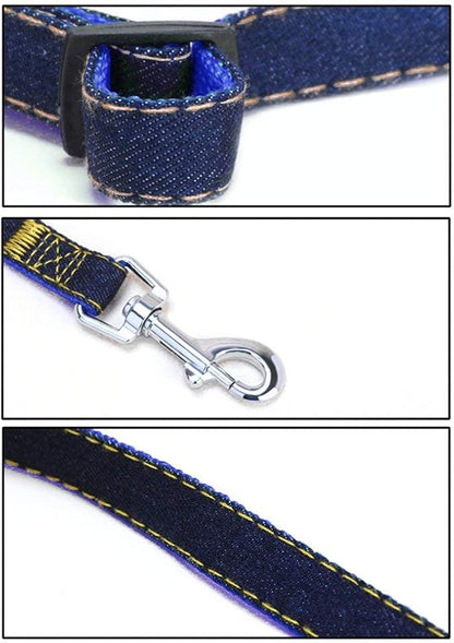 Denim Pet Dog Collar Harness Leash Set for Puppy Dog Cat, Adjustable Dog Harness Vest Collar Lead S/M/L/XL