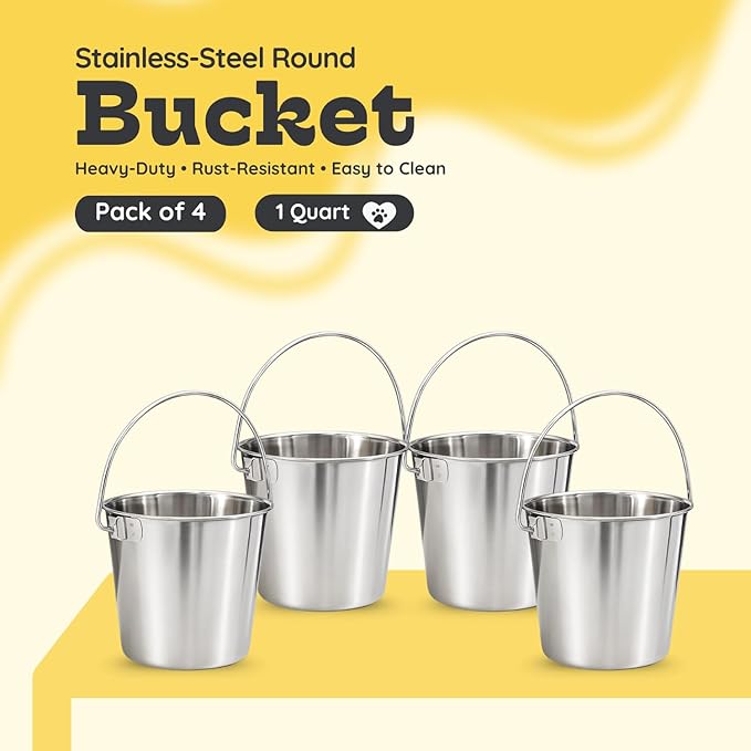 Heavy Duty Stainless Steel Dog Water Bucket with Handle, 1 Quart (0.25 Gallon) Round Pail for Small Dogs Cat Bird & Livestock, Fits Kennel & Farm, Hanging Utility Silver Pet Pails, 4 Pack