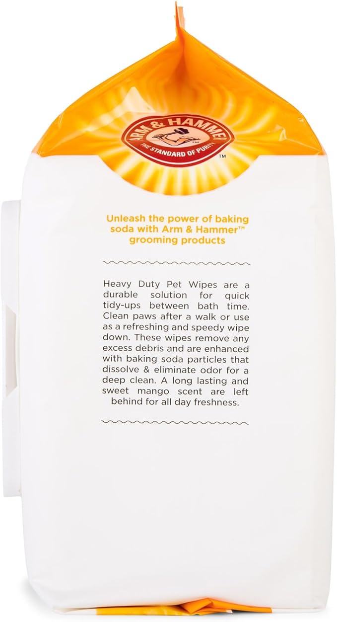 Arm & Hammer for Pets Heavy Duty Multipurpose Dog Wipes, Paw and Butt Wipes for Dogs to Help Clean Deodorize and Freshen Coat and Skin Between Baths, Mango Scent, 100 Count