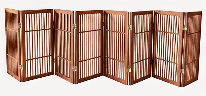 Urnporium Pet Dog Gate Freestanding, Strong Durable Folding Wooden Fence, Portable Acacia Hardwood Safety Barrier for Indoor & Outdoor Use (Brown Pet Gate, 8 Panel 30" Tall)
