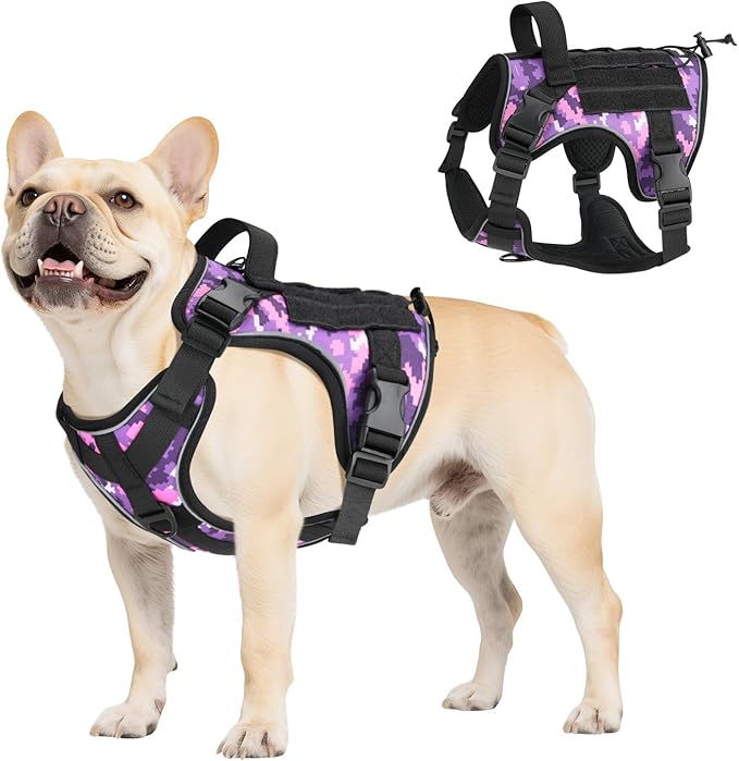 VavoPaw Heavy Duty Tactical Dog Harness for Large Dogs, No Pull Adjustable Pet Harness Reflective Service Training Easy Control Pet Vest Military K9 Working Dog Harnesses, Purple Camouflage, S