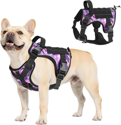 VavoPaw Heavy Duty Tactical Dog Harness for Large Dogs, No Pull Adjustable Pet Harness Reflective Service Training Easy Control Pet Vest Military K9 Working Dog Harnesses, Purple Camouflage, S