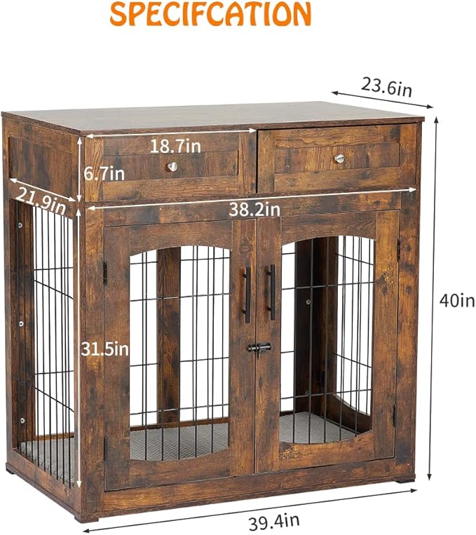 Dog Crate Furniture with Drawers, Wooden Dog Kennel Furniture for Large Breed,End Table Wood Dog House for Indoor Use,Dog Crate for Small/Medium/Large Dog