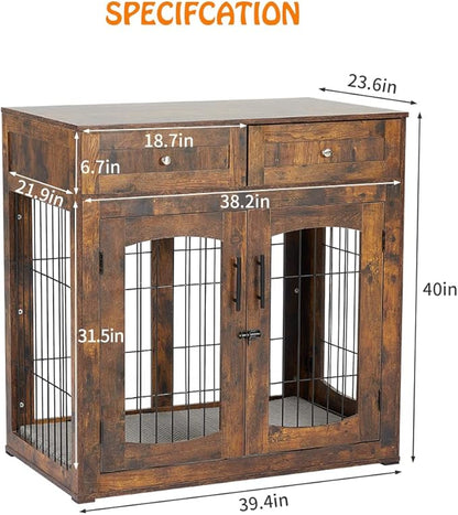 Dog Crate Furniture with Drawers, Wooden Dog Kennel Furniture for Large Breed,End Table Wood Dog House for Indoor Use,Dog Crate for Small/Medium/Large Dog