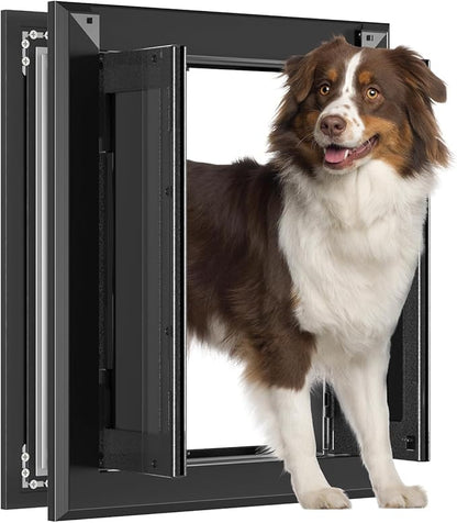 Aluminum French Large Dog Door, Heavy-Duty with Strong Double Magnetic Flaps & Aluminum Telescoping Tunnel, for Large/Medium Dogs Up to 110LBS - Black
