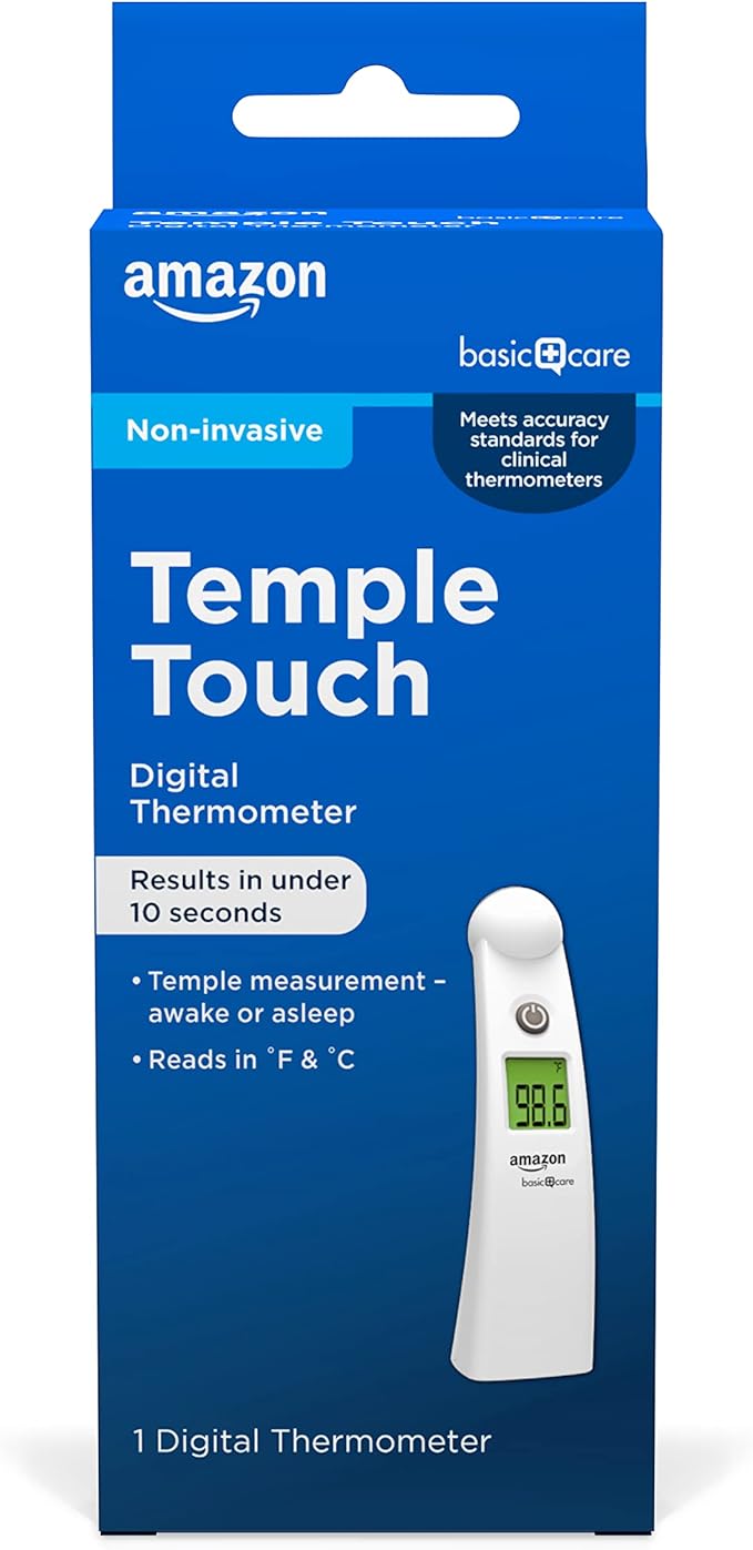 Amazon Basic Care Temple Touch Digital Thermometer, Instant Read, Easy to Use, Fast Accurate, White