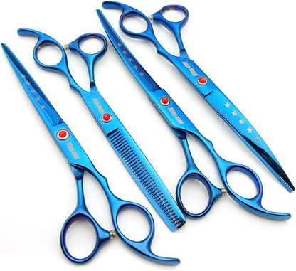 KINGSTAR 7.0in Titanium Blue Professional Pet Grooming Scissors Set,Straight & Thinning & Curved Scissors 4pcs Set for Dog Grooming,(Blue)