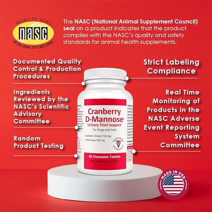 Cranberry D-Mannose Urinary Tract Supplement for Dogs & Cats – Bladder & UTI Health Support – Cranberry Extract, D-Mannose & Vitamin C–Promotes Urinary Wellness & Kidney Function – 60 Chewable Tablets