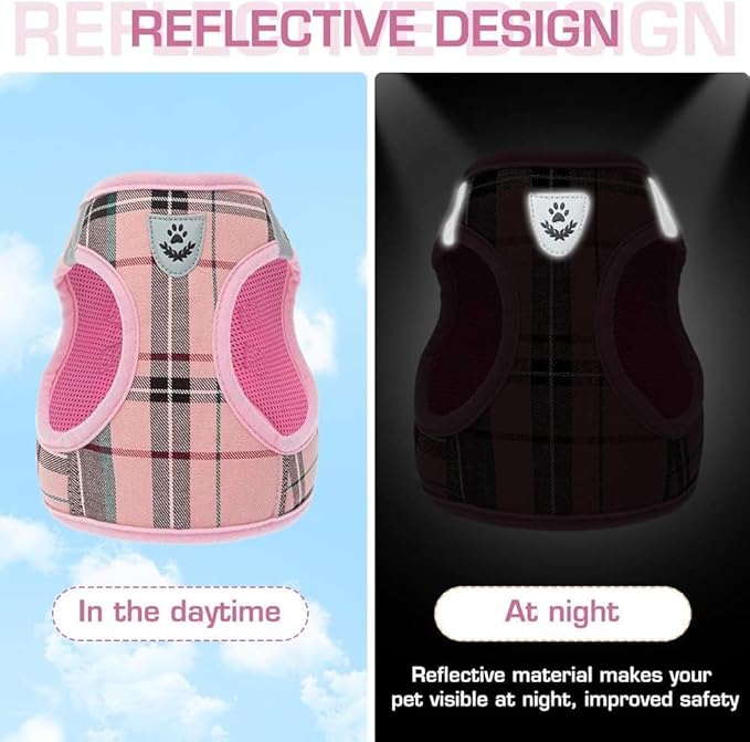 KOOLTAIL Dog Harness for Small Medium Dogs ,Dog Harness and Leash Set, Step in No Pull Soft Mesh Padded Adjustable and Reflective Pet Vest Harness Puppy, Plaid Extra Harness for XS S Dogs, Pink M