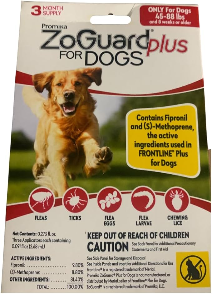ZoGuard Plus Flea and Tick Prevention for Large Dogs – Flea & Tick Prevention for Dogs 45-88lbs 12 Month Supply, Pack of 4