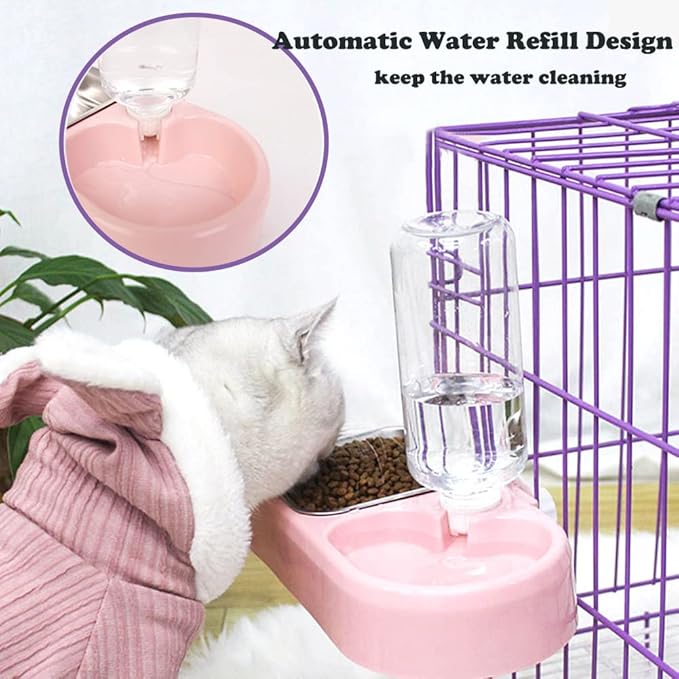 Crate Dog Cat Bowls, Dog Water and Food Bowl Set with Detachable Stainless Steel Bowl and Automatic Water Dispenser Bottle, Hanging Pet Cage Kennel Food Water Feeder Bowls for Puppy Cat Rabbite Birds