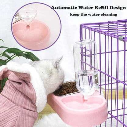 Crate Dog Cat Bowls, Dog Water and Food Bowl Set with Detachable Stainless Steel Bowl and Automatic Water Dispenser Bottle, Hanging Pet Cage Kennel Food Water Feeder Bowls for Puppy Cat Rabbite