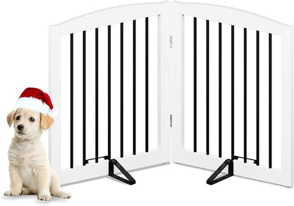 PUPETPO Freestanding Pet Gate for Dogs, Foldable Wooden Dog Gate for House, Indoor Pet Barrier for Stairs, Doorways, Support Feet Included, 24" Height 2 Panels, White