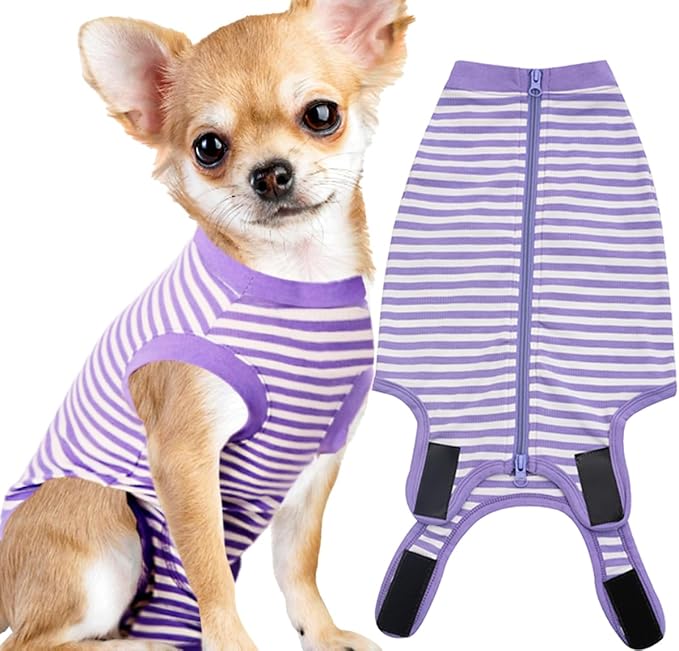 Dog Recovery Suit Small,Female Spay Male Surgery Recovery Shirt,Soft Combed Cotton Surgical Cat Dogs Suit,XS Purple-White Striped