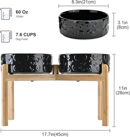 SPUNKYJUNKY Elevated Dog Bowls Ceramic, 8.3'' Dogs Food Water Bowls Raised with Non-Slip Bamboo Stand for Large Sized Breed Microwave Dishwasher Safe - 60 OZ,Skull Black