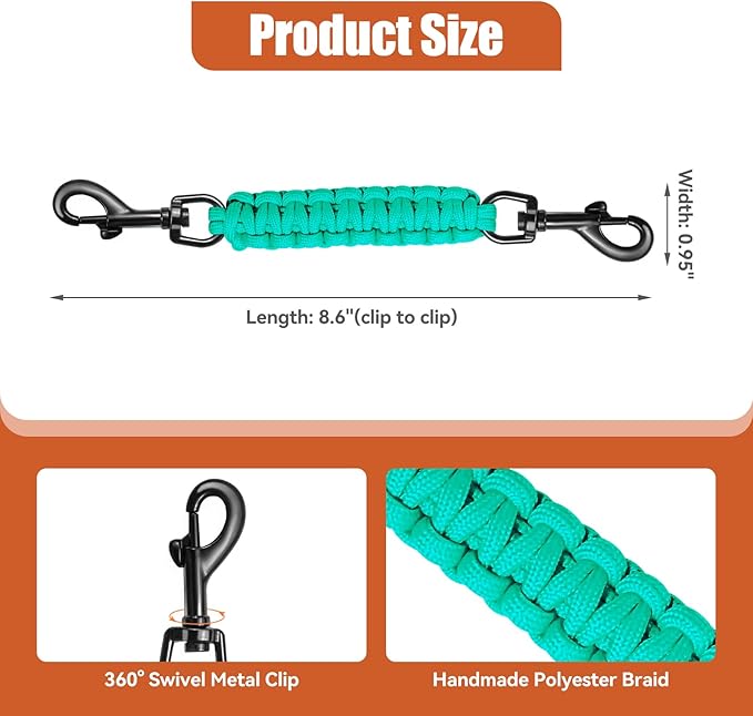 Dog Collar Safety Clip with Dual Clasps,Handmade Backup Safety Strap for Dog Harness, Collars and No Pull Harness Connectors (Teal)