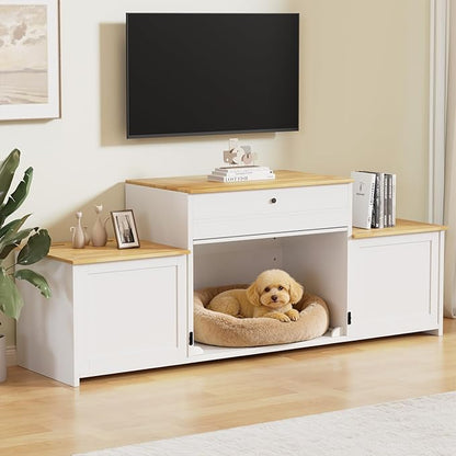 78" Dog Crate Furniture TV Stand, Tiered Dog Kennel for Medium Dogs with Stepped Design, Wooden Dog Cage with Storage Cabinets & Drawer, Heavy Duty Indoor Door House Media Console, White