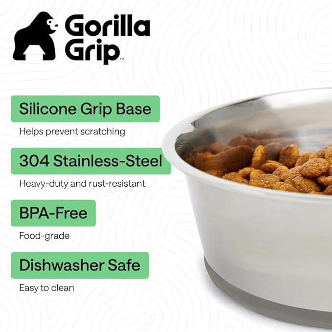 GORILLA GRIP Dog Bowls, Food Grade 304 Stainless Steel, Holds 6 Cups Each (48 fl oz) Food and Water Bowl for Feeding Dogs and Cats, Dishwasher Safe, Rust Resistant, BPA Free Rubber Base Set of 2 Gray