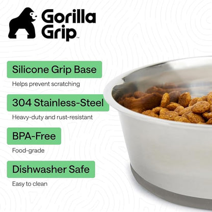 GORILLA GRIP Dog Bowls, Food Grade 304 Stainless Steel, Holds 4 Cups Each (32 fl oz) Food and Water Bowl for Feeding Dogs and Cats, Dishwasher Safe, Rust Resistant, BPA Free Rubber Base Set of 2 Gray