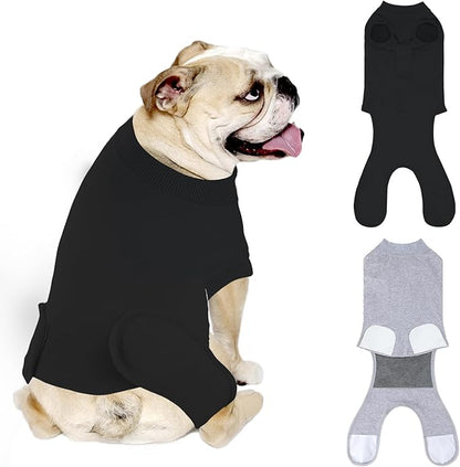 2 Packs Breathable Cotton Dog Recovery Suit for After Neuter Spay Abdominal Wounds Protector, Professional Anti-Licking Onesies for Male Female Pets Surgery Bandages, L Black Grey Pure