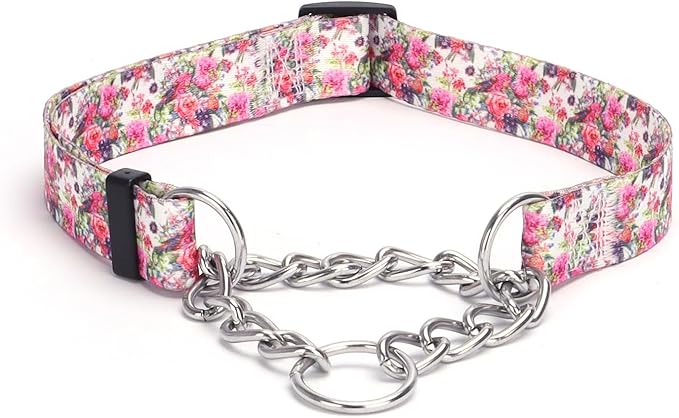 Martingale Dog Collar with Stainless Steel Chain - Limited Chain Cinch Training Collar for No Pull Training Dog - Flower Multicolor Cute Patterns - Premium No Slip Collar (L, Peony)