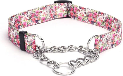 Martingale Dog Collar with Stainless Steel Chain - Limited Chain Cinch Training Collar for No Pull Training Dog - Flower Multicolor Cute Patterns - Premium No Slip Collar (L, Peony)