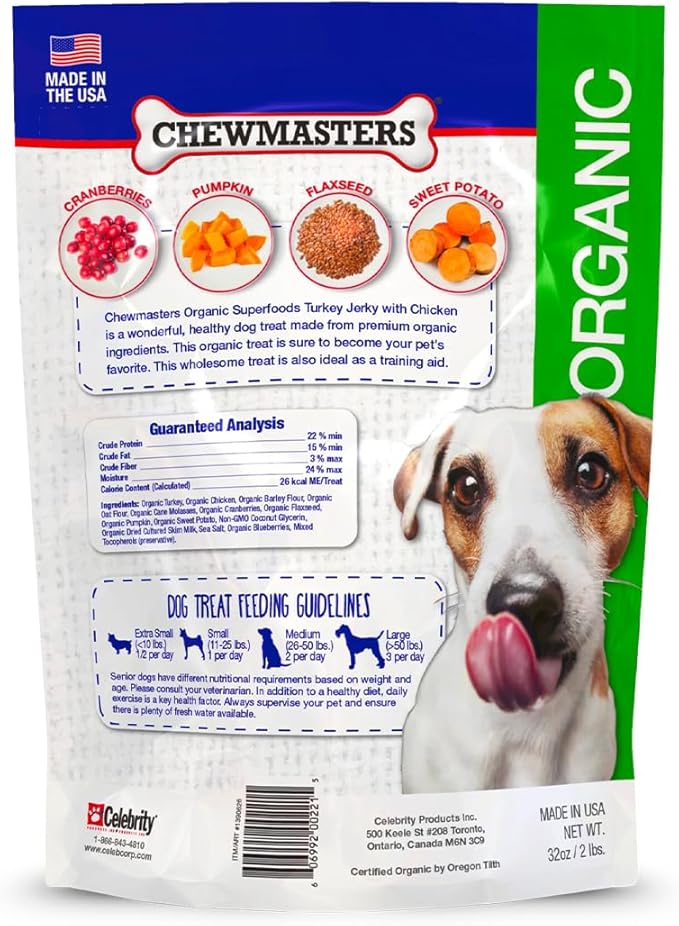 Chewmasters Organic Turkey Jerky with Chicken Dog Treat for All Life Stages - Fresh and Healthy Turkey Dog Treats - High Protein, Real Meat Snack, Grain Free, by-Product Free - USA Made, 2lb
