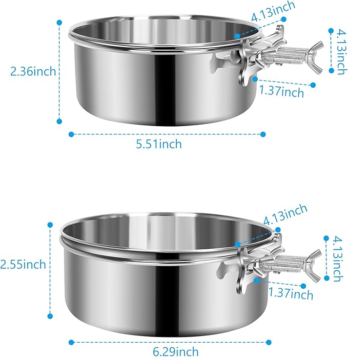 2 Pcs Medium Dog Food Water Bowl for Cage with Upgraded Clamp Holder, Pet Kennel Hanging Bowls Stainless Steel Non-Spill Detectable Bowls Crate Feeder for Medium Dogs (6.3x2.3'' & 5.5x2'')