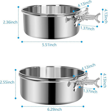 2 Pcs Medium Dog Food Water Bowl for Cage with Upgraded Clamp Holder, Pet Kennel Hanging Bowls Stainless Steel Non-Spill Detectable Bowls Crate Feeder for Medium Dogs (6.3x2.3'' & 5.5x2'')