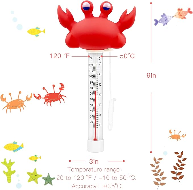 XY-WQ Floating Pool Thermometer, Large Size Easy Read for Water Temperature with String - Swimming Pools, Spas, Hot Tubs, Ponds (Crab)