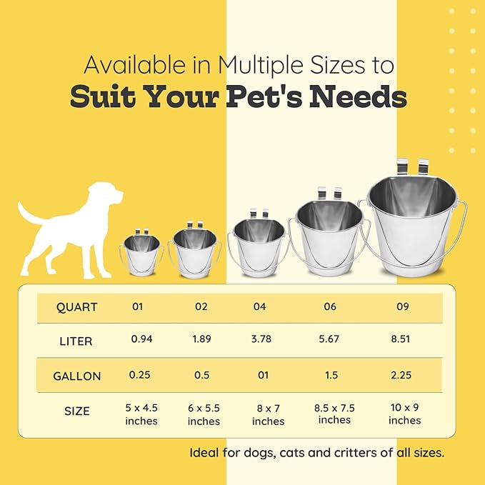 4 Quart Stainless Steel Flat Sided Bucket with Dual Hooks | 1 gal Durable Food & Water Bowl for XL Dogs, Cats, Goat & Livestock | Fits kennel Cage Critter Crate | Hanging Utility Pet Pail