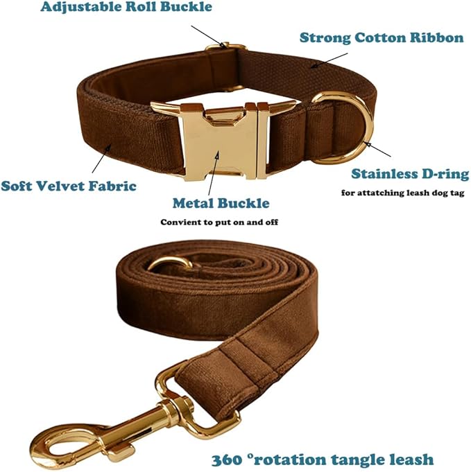 Love Dream Velvet Dog Collar and Leash Set, Soft & Comfy Adjustable Dog Leash and Collar with Heavy Duty Metal Buckle for Small Medium Large Dogs Training & Walking (Large, Coffee)