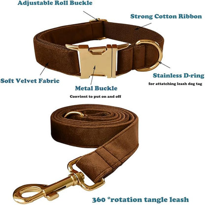 Love Dream Velvet Dog Collar and Leash Set, Soft & Comfy Adjustable Dog Leash and Collar with Heavy Duty Metal Buckle for Small Medium Large Dogs Training & Walking (XLarge, Coffee)