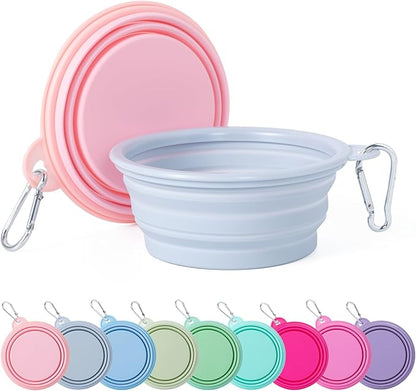 SLSON Collapsible Dog Bowl, 2Pack Macaron Color Pet Travel Bowls Silicone Foldable Water Feeder Dish for Small to Large Dogs Cat Walking Hiking Camping (Macaron Coral and Light Grey, Small)