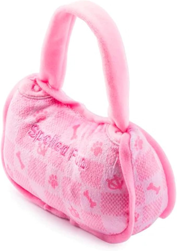 Haute Diggity Dog Chewy Vuiton Handbag Plush Squeaky Dog Toy, Soft Durable Designer-Inspired Stuffed Puppy Chew Toys for Small & Medium Dogs, Machine-Washable (Pink Checker) Small