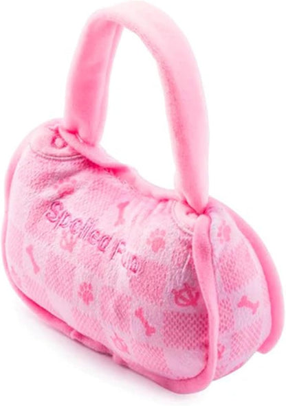 Haute Diggity Dog Chewy Vuiton Handbag Plush Squeaky Dog Toy, Soft Durable Designer-Inspired Stuffed Puppy Chew Toys for Small & Medium Dogs, Machine-Washable (Pink Checker) Small