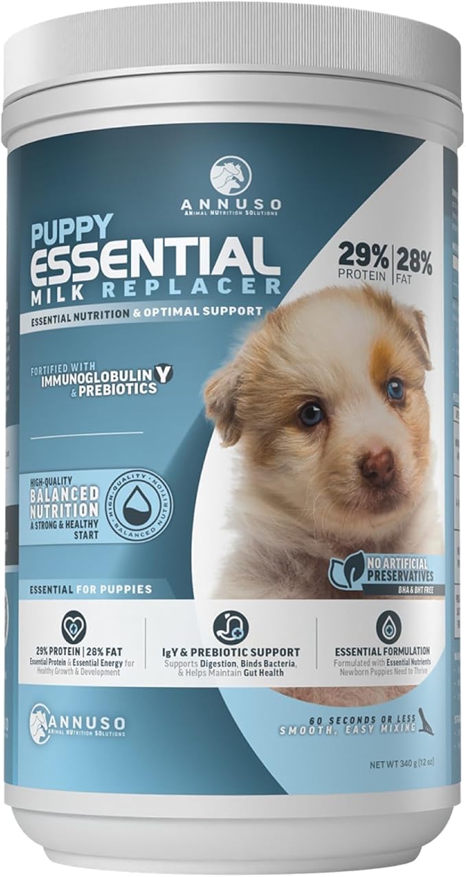 ANNUSO Puppy Essential Milk Replacer, 12oz - 29% Protein & 28% Fat - Complete Nutrition with Probiotics & Key Nutrients, Supports Immunity & Digestion - Easy-Mix Powder