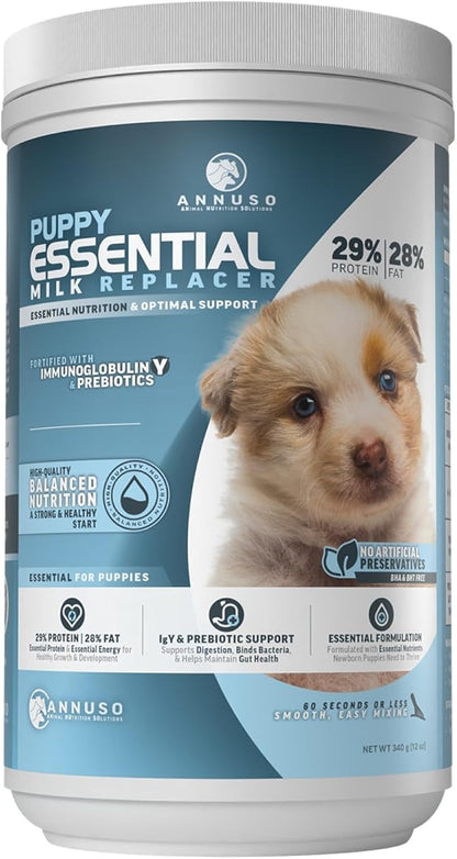 ANNUSO Puppy Essential Milk Replacer, 12oz - 29% Protein & 28% Fat - Complete Nutrition with Probiotics & Key Nutrients, Supports Immunity & Digestion - Easy-Mix Powder