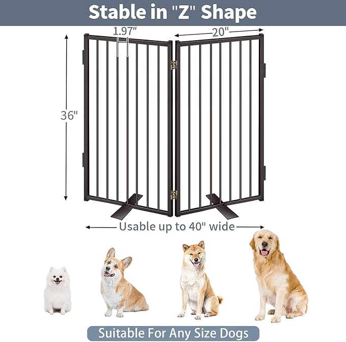 Metal Freestanding Dog Gates with Door for Outdoor Indoor,40'' Extra Wide 36'' Tall Free Standing Dog Gate for Doorways,Large Openings,Deck,Yard,Porch,Foldable Safety Pet Fence(Black,2 Panels)