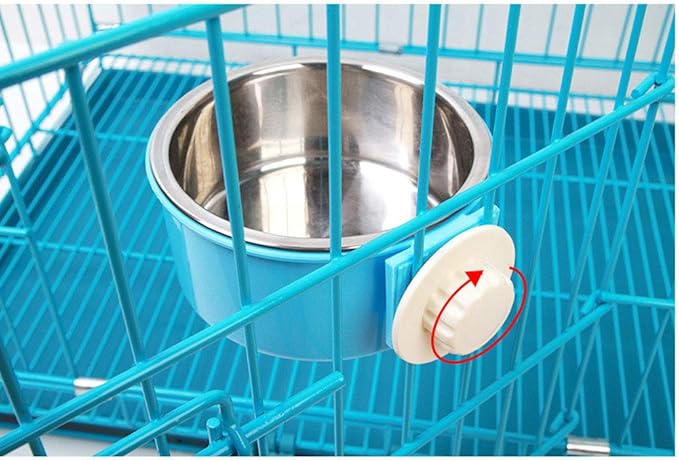 RUBYHOME Dog Bowl Feeder Pet Puppy Food Water Bowl, 2-in-1 Plastic Bowl & Stainless Steel Bowl, Removable Hanging Cat Rabbit Bird Food Basin Dish Perfect for Crates & Cages, Blue