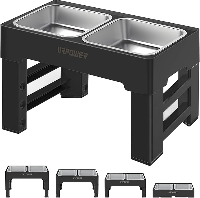 URPOWER Raised Dog Bowls 4 Height Adjustable Elevated Bowl Stand with Stainless Steel Water Bowl Non-Slip Dog Food Bowls Stand for Small Medium Large Dogs and Pets